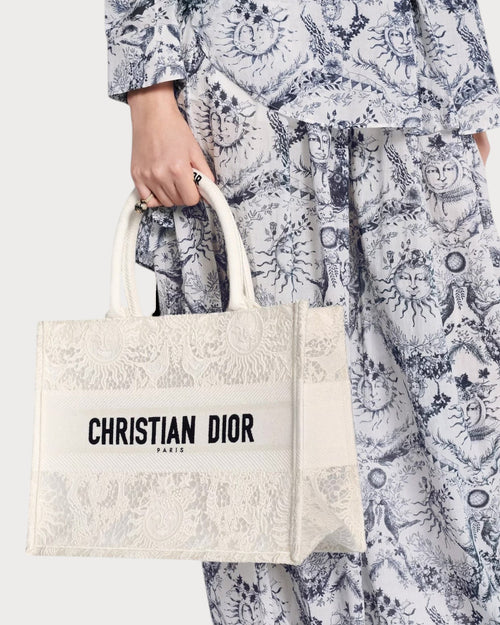 CHRISTIAN DIOR Medium Dior Book Tote Toile de Jouy Soleil Macrame Embroidery | 迪奧 手提袋 (中碼/White)