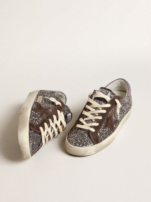 GOLDEN GOOSE Super - Star in glitter with a brown star and lilac heel tab | 黃金鵝 Super - Star 亮片款,搭配棕色星星與淡紫色後跟標籤(棕色) - LondonKelly 英國名牌代購