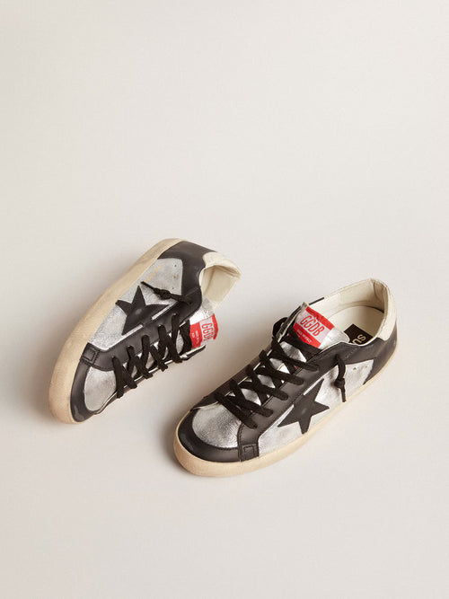 GOLDEN GOOSE Super - Star LTD in metallic leather with black leather star and inserts | 黄金鹅 Super - Star LTD 金属皮革款,搭配黑色皮革星星与拼接(黑色) - LondonKelly 英国名牌代购