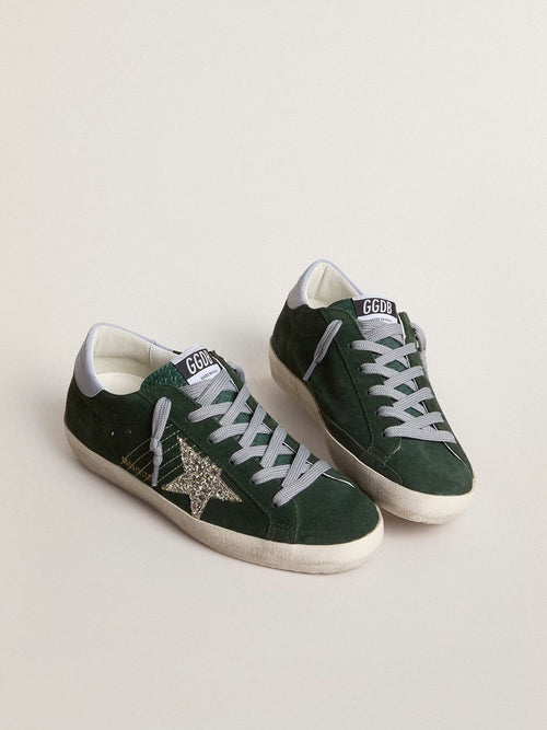 GOLDEN GOOSE Women's Super - Star in green suede, silver glitter star and leather heel tab | 黃金鵝 女款 Super - Star 綠色麂皮款,搭配銀色亮片星星與皮革後跟標籤(灰色) - LondonKelly 英國名牌代購