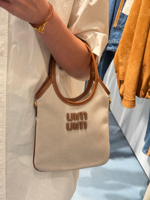 MIU MIU Ivy Canas and Leather Tote Bag Mini | Miu Miu Mini Handbag (Beige)